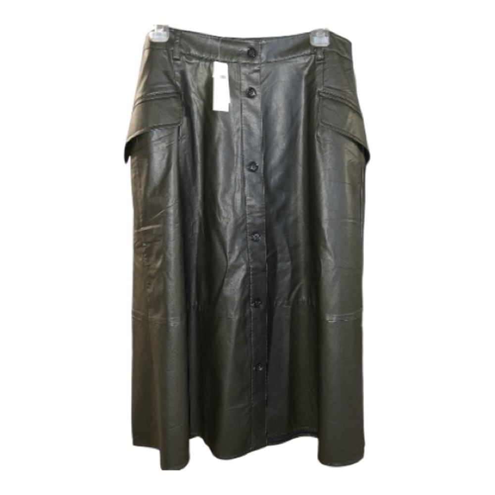 Banana Republic Olive Green Faux Leather Midi Skirt with Button Detail NWT - Picture 2 of 6